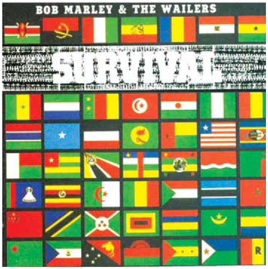 Capa do álbum Survival, de Bob Marley & The Wailers, composta por uma grade com diversas bandeiras de países africanos e, na parte superior, o nome da banda e a palavra SURVIVAL sobreposta à planta esquemática do interior de um navio negreiro com pessoas escravizadas.