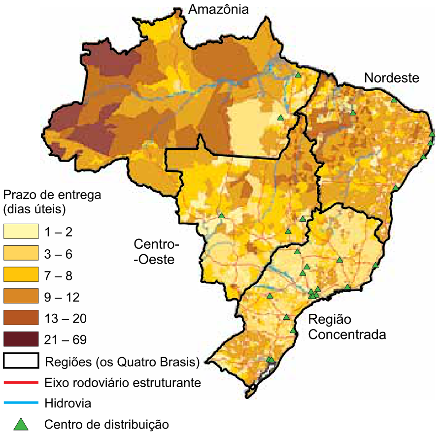 Mapa do Brasil dividido pelas regiões dos Quatro Brasis (Amazônia, Nordeste, Centro-Oeste e Região Concentrada), ilustrando a distribuição espacial do prazo de entrega do comércio eletrônico em dias úteis (de 1 a 69 dias), centros de distribuição, hidrovias e eixos rodoviários estruturantes.