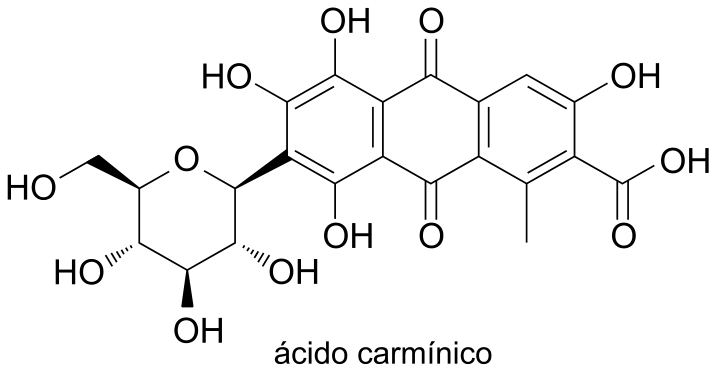 Estrutura química da molécula de ácido carmínico, apresentando um núcleo antraquinônico policíclico com grupos hidroxila, carbonila, metil e carboxila, ligado a uma unidade glicídica (C-glicosídeo). Abaixo da fórmula estrutural lê-se: "ácido carmínico".