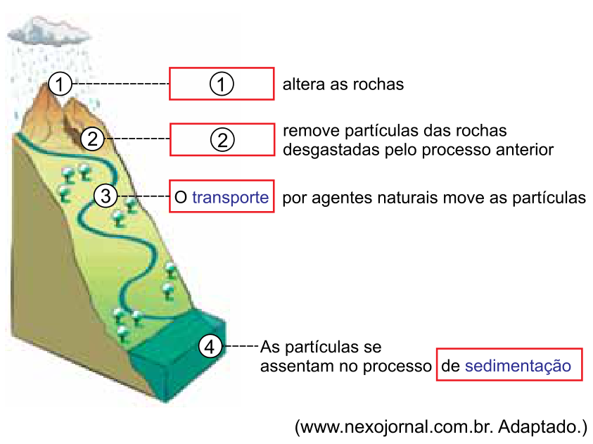 Esquema ilustrando os processos que levam ao movimento de massa em uma encosta. No topo, sob uma nuvem de chuva, a indicação ① aponta para uma caixa com ① e a frase 'altera as rochas'. Mais abaixo, a indicação ② aponta para uma caixa com ② e o texto 'remove partículas das rochas desgastadas pelo processo anterior'. Ao longo da encosta com vegetação e um rio sinuoso, a indicação ③ aponta para uma caixa com 'O transporte' seguida de 'por agentes naturais move as partículas'. Na base da encosta, a indicação ④ aponta para 'As partículas se assentam no processo' seguida de uma caixa com 'de sedimentação'.