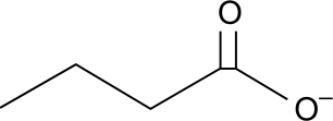 Fórmula estrutural em bastão de uma cadeia curta com quatro carbonos, incluindo o carbono do grupo carboxilato terminal, representado com uma ligação dupla a O e uma ligação simples a O⁻.