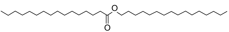 Fórmula estrutural em bastão de um éster com duas longas cadeias carbônicas lineares em zigue-zague, unidas pelo grupo C(=O)–O. O oxigênio da carbonila aparece abaixo da cadeia e o outro oxigênio, acima.