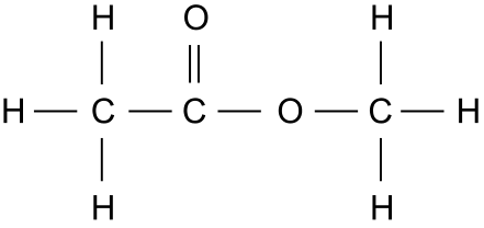 Fórmula estrutural do etanoato de metila: um carbono ligado a três hidrogênios e a um segundo carbono; este apresenta uma ligação dupla com um oxigênio e uma ligação simples com outro oxigênio, que se liga a um carbono ligado a três hidrogênios.