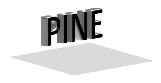 Representação em perspectiva das letras PINE suspensas sobre um plano cinza que representa o solo