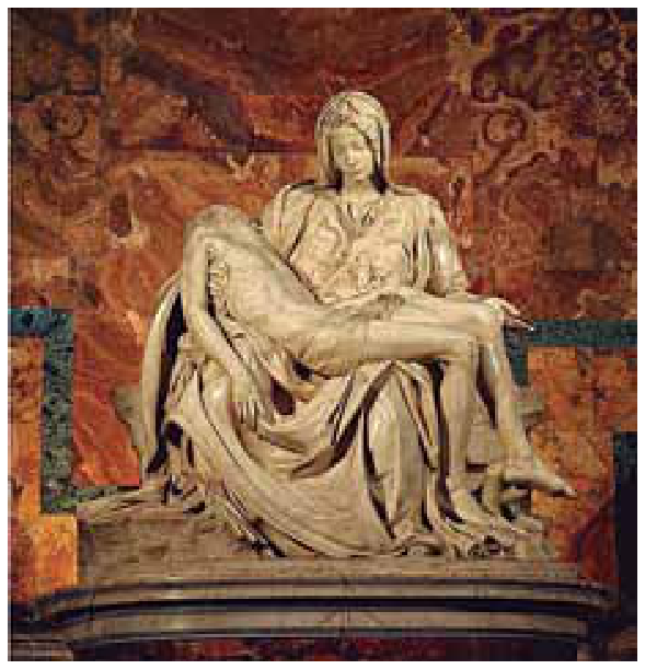 Fotografia da escultura Pietà, de Michelangelo, que retrata a Virgem Maria sentada segurando o corpo inerte de Jesus Cristo sobre seu colo.