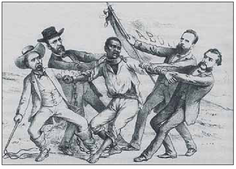 Ilustração da Revista Illustrada retratando um homem negro escravizado no centro, sendo puxado por dois homens à esquerda — um segurando um chicote e o outro correntes presas ao escravizado — e por dois homens à direita, de terno, um deles segurando uma bandeira na qual se lê parte da palavra "ABOLI".