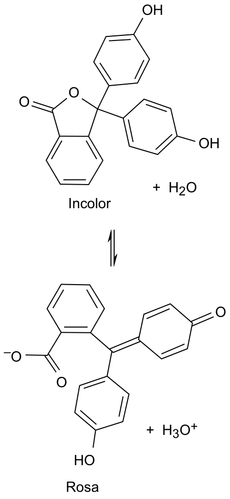 Equação química do equilíbrio da fenolftaleína em meio aquoso: a estrutura da forma incolor reagindo com H₂O em equilíbrio reversível com a estrutura da forma rosa e íons H₃O⁺