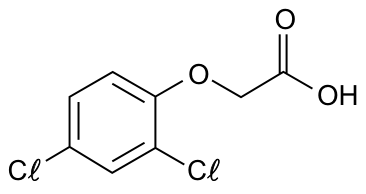 Fórmula estrutural do ácido 2,4-diclorofenoxiacético (2,4-D), mostrando um anel benzênico com átomos de cloro nas posições 2 e 4, ligado a um grupo oxigênio que se conecta a uma cadeia contendo um carbono e um grupo carboxila (ácido carboxílico).