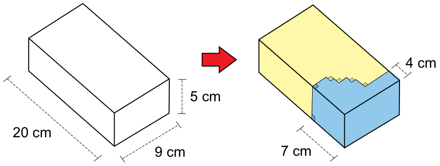 Ilustração de um paralelepípedo reto-retângulo com dimensões de 20 cm de comprimento, 9 cm de largura e 5 cm de altura sendo dividido em dois prismas retos, um destacado em amarelo e outro em azul, através de um corte vertical escalonado com diversos ângulos retos. Na base do prisma azul, indicam-se medidas de 7 cm no comprimento e 4 cm na largura.