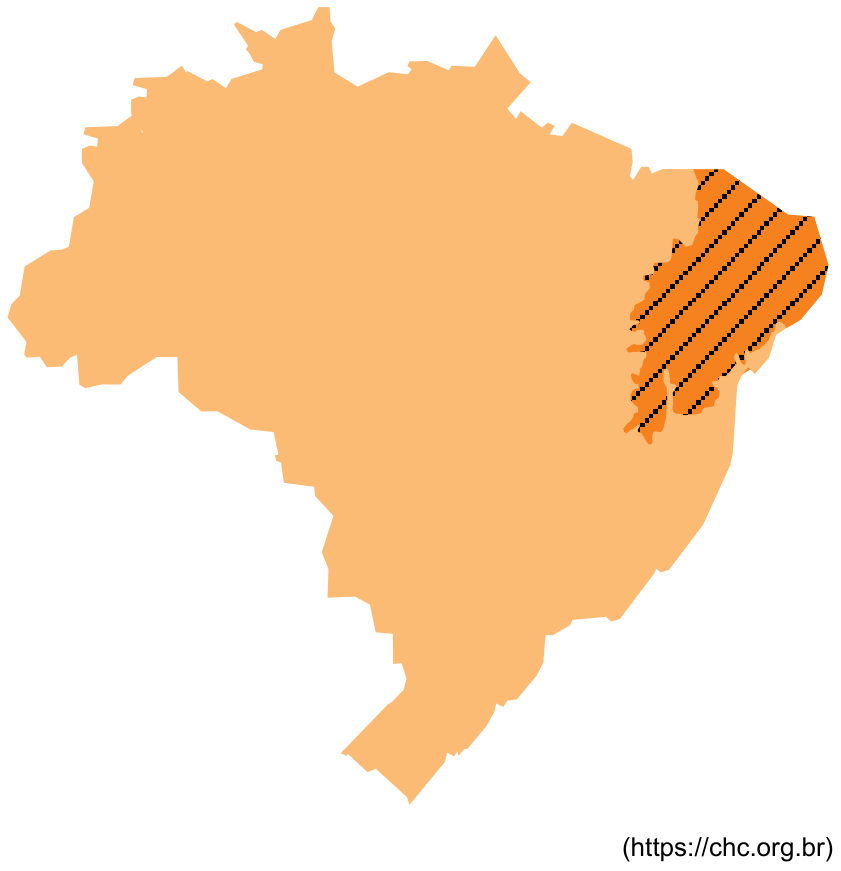 Mapa do Brasil com a região correspondente ao bioma da Caatinga preenchida por hachuras diagonais.