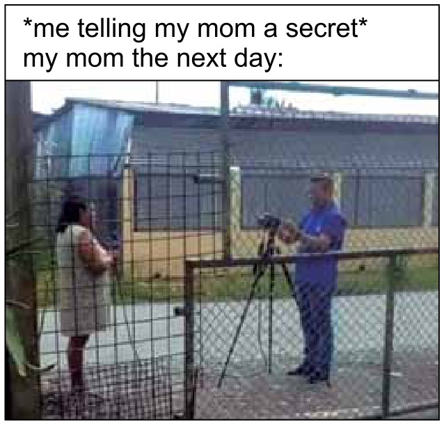 F1 Meme composto pelo texto "me telling my mom a secret my mom the next day:" e uma foto de uma mulher de vestido claro em pé junto a uma grade, sendo gravada por um homem que opera uma câmera sobre um tripé.