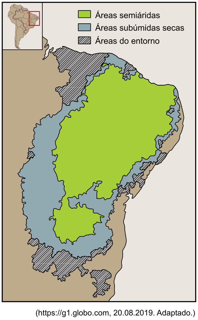 Mapa da porção leste e nordeste do Brasil destacando áreas semiáridas no interior, circundadas por áreas subúmidas secas e áreas do entorno, com mapa de localização na América do Sul no canto superior esquerdo.