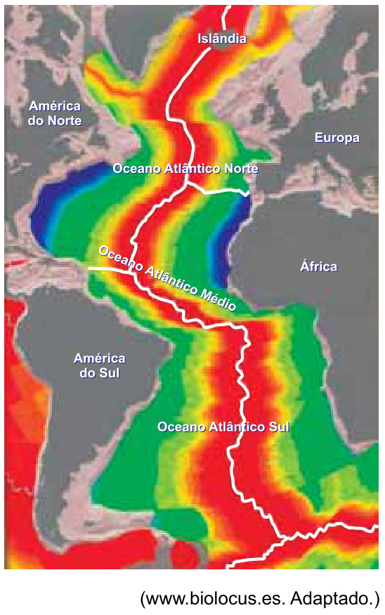 Mapa do Oceano Atlântico destacando o relevo submarino com faixas de cores simétricas a partir da dorsal mesoatlântica traçada em linha branca (vermelho no centro, seguido por amarelo, verde e azul), entre os continentes americano, europeu e africano.