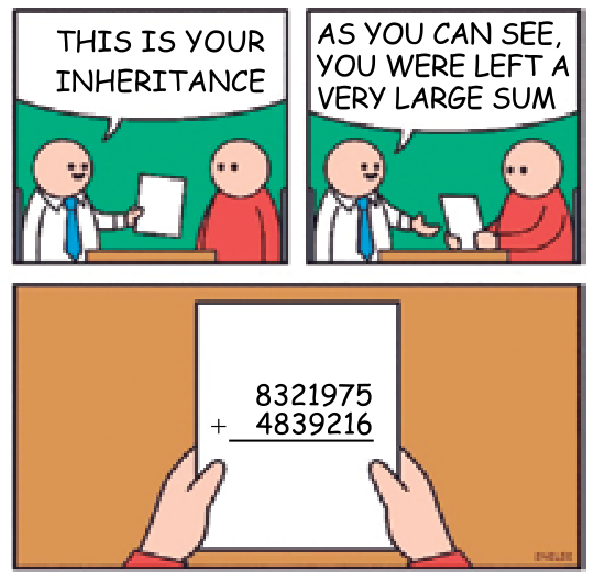 F1 Tirinha de três quadros: nos dois primeiros, um homem de terno e gravata entrega uma folha de papel a outro homem e diz: "THIS IS YOUR INHERITANCE" e "AS YOU CAN SEE, YOU WERE LEFT A VERY LARGE SUM"; no terceiro quadro, vê-se a folha em primeiro plano com a conta de adição armada: 8321975 mais 4839216.