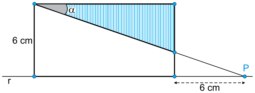 Retângulo com lado inferior sobre a reta r e altura de 6 cm. Um ponto P sobre a reta r está a 6 cm do vértice inferior direito. Um segmento liga o vértice superior esquerdo a P, interceptando o lado direito do retângulo e formando um ângulo alfa com o lado superior. A região triangular superior direita interna ao retângulo está hachurada.