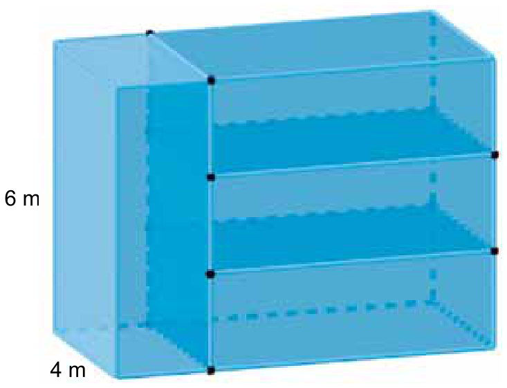 Representação tridimensional em azul translúcido de um sólido formado por quatro paralelepípedos retângulos idênticos sobrepostos e justapostos, com medidas de 6 m de altura e 4 m na aresta da base à esquerda.