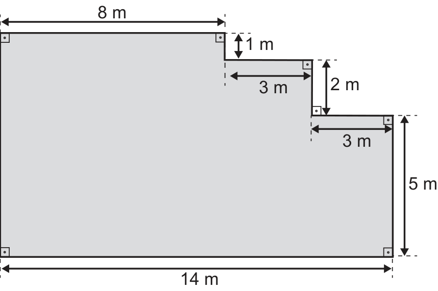 F1 Vista superior do projeto da laje com formato poligonal em degraus. A base horizontal inferior mede 14 m. A parte superior possui três trechos horizontais em degraus: o primeiro à esquerda com 8 m, seguido de um desnível vertical para baixo de 1 m; o segundo com 3 m, seguido de um desnível vertical para baixo de 2 m; e o terceiro com 3 m. O lado vertical direito mede 5 m. Todos os vértices assinalados formam ângulos retos.