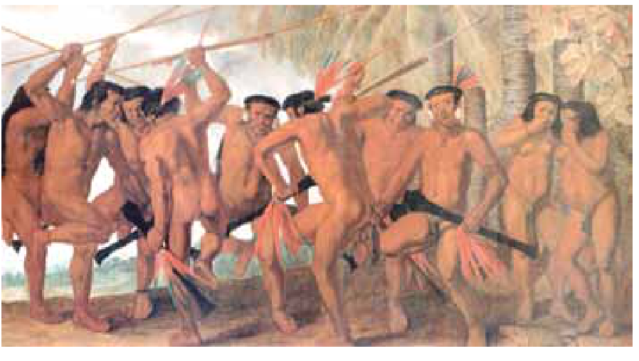 F1 Pintura Dança Tapuia de Albert Eckhout mostrando indígenas dançando nus portando lanças, com duas mulheres ao fundo à direita observando a cena.