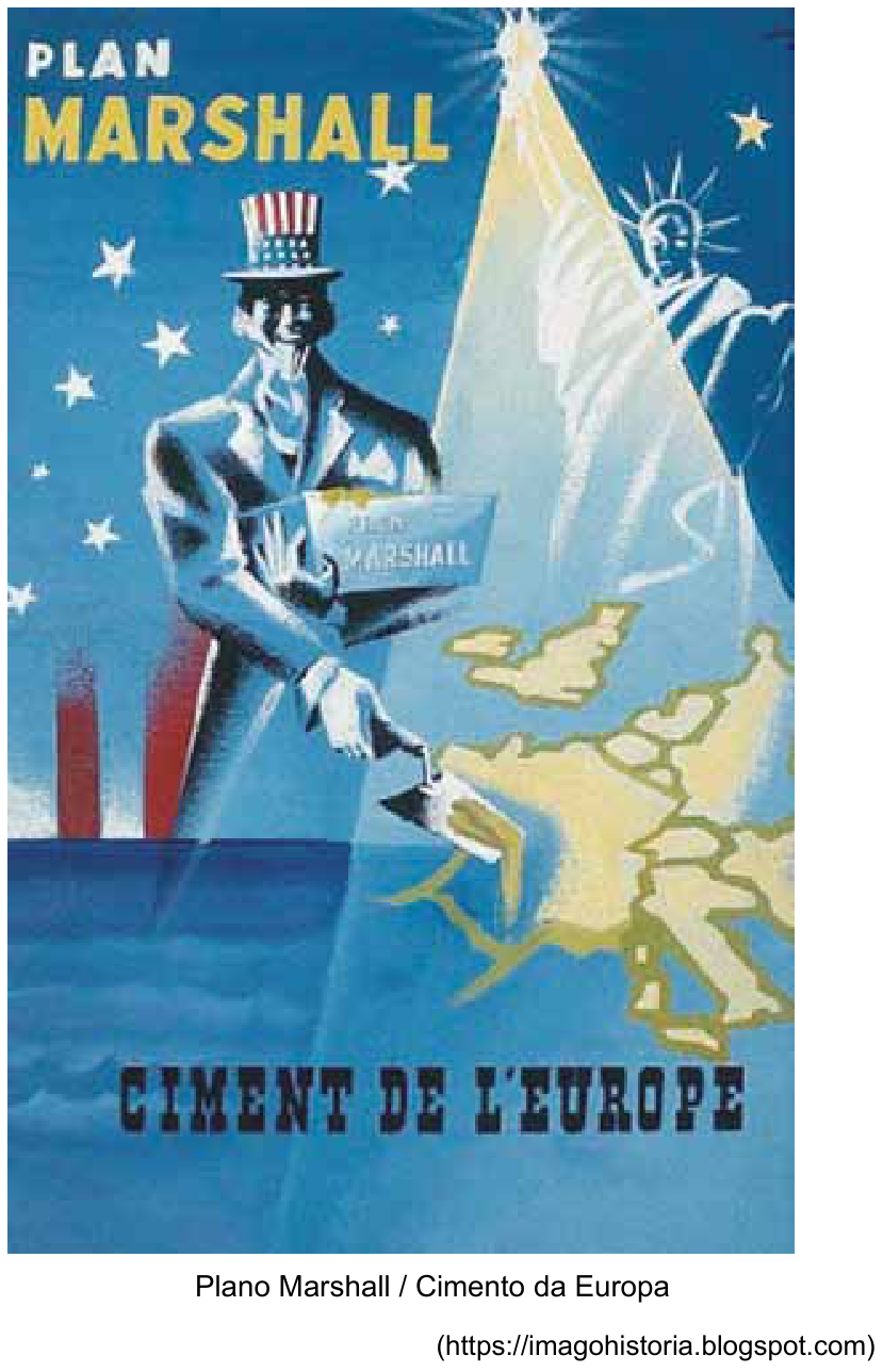 F1 Cartaz de propaganda em língua francesa intitulado "PLAN MARSHALL" e "CIMENT DE L'EUROPE", retratando a figura do Tio Sam com trajes característicos dos Estados Unidos, segurando uma desempenadeira com massa e usando uma colher de pedreiro para espalhar cimento sobre o mapa da Europa Ocidental. Ao fundo, sob um céu estrelado, vê-se a Estátua da Liberdade iluminando a cena com sua tocha. Na parte inferior, constam a legenda "Plano Marshall / Cimento da Europa" e a fonte "(https://imagohistoria.blogspot.com)".