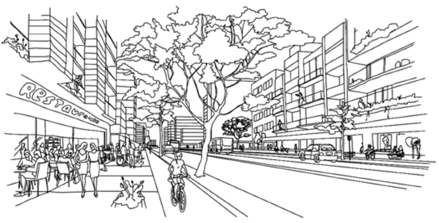 Desenho em perspectiva de uma via urbana com edifícios de múltiplos andares em ambos os lados e árvores ao longo do canteiro/calçada. No piso térreo dos edifícios à esquerda, há um restaurante com mesas e cadeiras dispostas no passeio público, onde pessoas estão sentadas, além de pedestres caminhando e uma pessoa pedalando de bicicleta na ciclovia. À direita, vê-se uma calçada com pedestres em frente a vitrines de estabelecimentos comerciais e veículos na pista de rolamento.