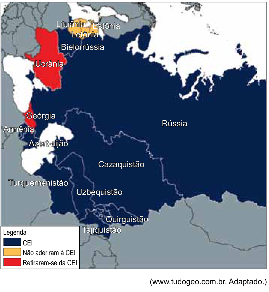 Mapa da Eurásia mostrando os países da Comunidade dos Estados Independentes (CEI). A legenda indica em azul-escuro os membros da CEI (Bielorrússia, Rússia, Azerbaijão, Cazaquistão, Turcomenistão, Uzbequistão, Quirguistão, Tajiquistão, Armênia), em amarelo os que não aderiram à CEI (Estônia, Letônia, Lituânia) e em vermelho os que se retiraram da CEI (Ucrânia, Geórgia).