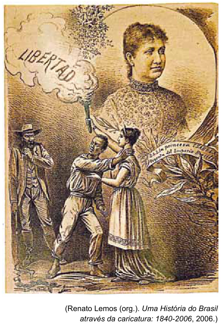 F1 Ilustração de época retratando em destaque, na parte superior, o busto da Princesa Isabel em uma moldura circular com ramalhetes de louro e uma faixa onde se lê menção à regente do Império do Brasil. Em primeiro plano, um homem negro escravizado rompe correntes e ergue uma tocha que emite fumaça formando a palavra "LIBERTAD", ao lado de uma mulher em trajes clássicos, enquanto outro homem observa ao fundo à esquerda.