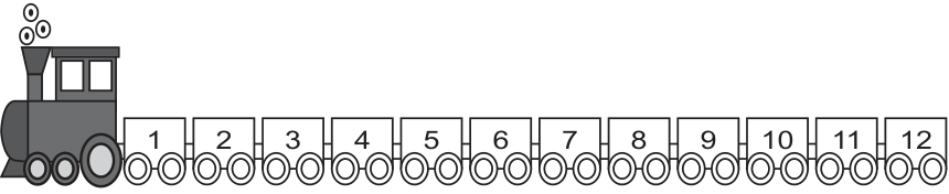 F1 Desenho de uma locomotiva seguida por 12 vagões de mesmo formato e tamanho, numerados de 1 a 12 em ordem crescente.