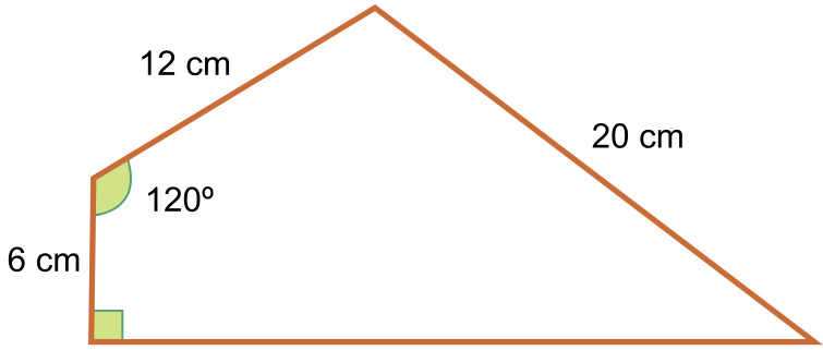 Quadrilátero com ângulos de 90° e 120° e lados de medidas 6 cm, 12 cm e 20 cm