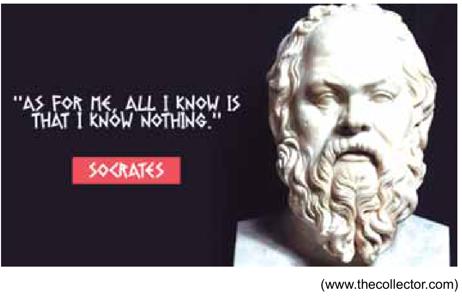 F1 Busto esculpido de Sócrates acompanhado do texto pixelado "AS FOR ME, ALL I KNOW IS THAT I KNOW NOTHING." e uma tarja vermelha com a palavra SOCRATES.