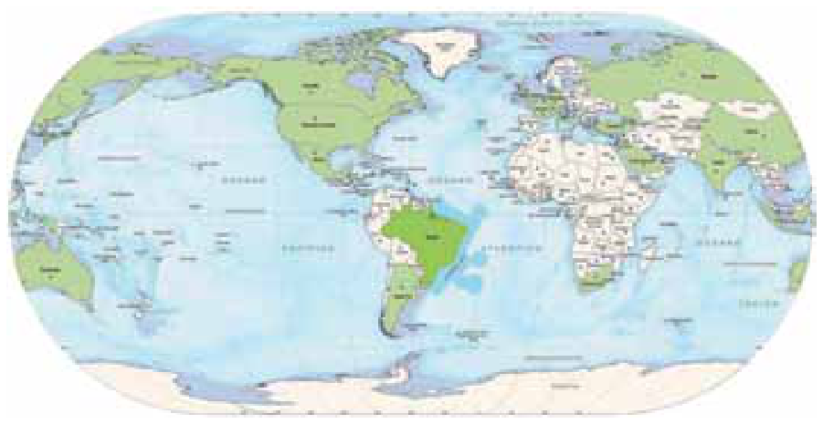 Mapa-múndi com o Brasil posicionado no centro da projeção cartográfica.