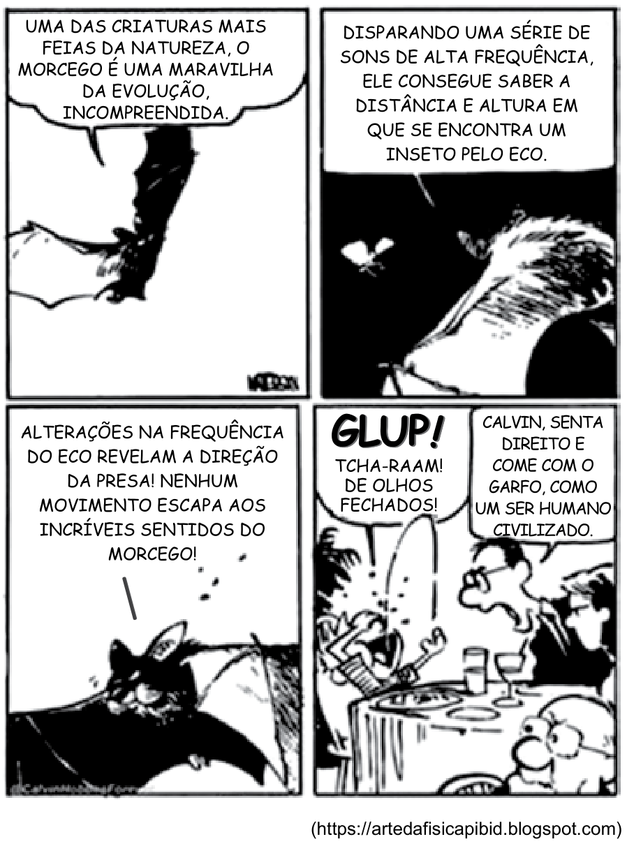 Tirinha de quatro quadrinhos de Calvin & Haroldo sobre a ecolocalização dos morcegos