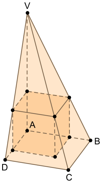 Pirâmide de vértice V e base quadrada ABCD contendo em seu interior um cubo que compartilha o vértice A e tem outros seis vértices apoiados nas arestas da pirâmide
