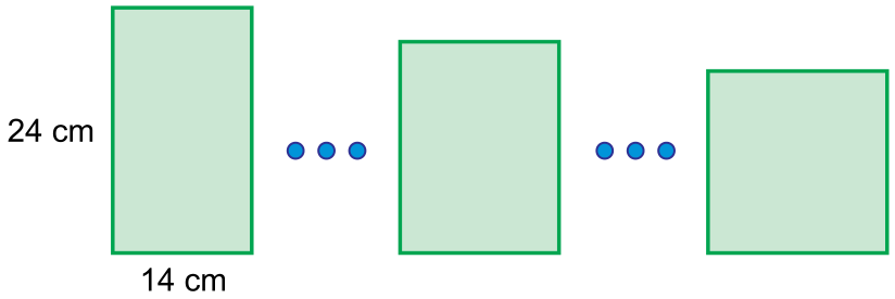 Sequência de três retângulos com contorno verde e preenchimento verde-claro, separados por reticências azuis formadas por três círculos. O primeiro quadrilátero tem altura de 24 cm e base de 14 cm; o último quadrilátero é um quadrado.
