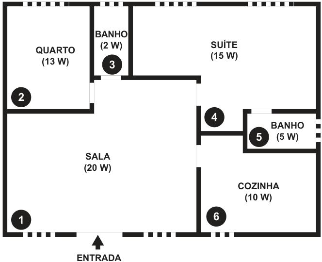 Planta baixa da casa com entrada pela sala, cômodo 1 (20 W); quarto, cômodo 2 (13 W); banheiro, cômodo 3 (2 W); suíte, cômodo 4 (15 W); banheiro, cômodo 5 (5 W); e cozinha, cômodo 6 (10 W).