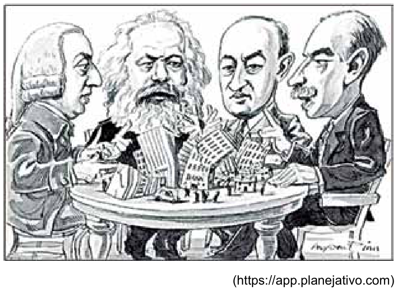Caricatura de Adam Smith, Karl Marx, Joseph Schumpeter e John Maynard Keynes sentados ao redor de uma mesa sobre a qual estão miniaturas de edifícios caindo.