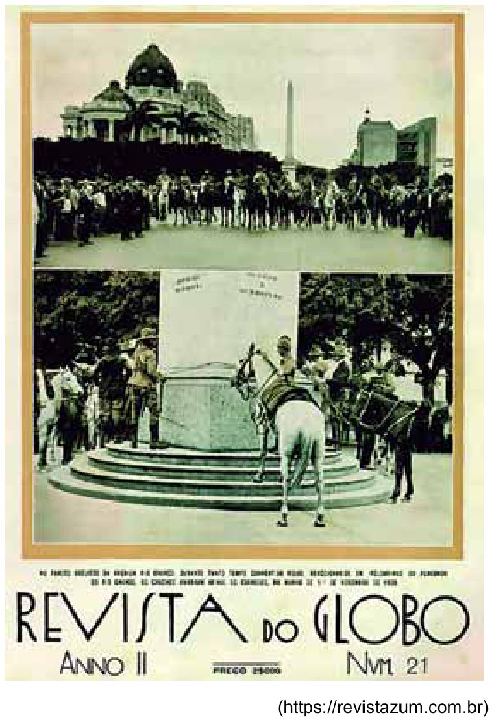 Capa da Revista do Globo (Anno II, Nvm. 21) com fotografias de gaúchos montados a cavalo na Avenida Rio Branco e amarrando seus cavalos na base do obelisco.