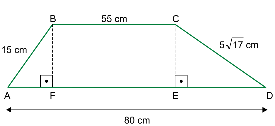 Trapézio ABCD com base maior AD medindo 80 cm e base menor BC medindo 55 cm. Os lados oblíquos medem AB = 15 cm e CD = 5 raiz de 17 cm. Alturas BF e CE perpendiculares à base AD formam os pontos F e E.