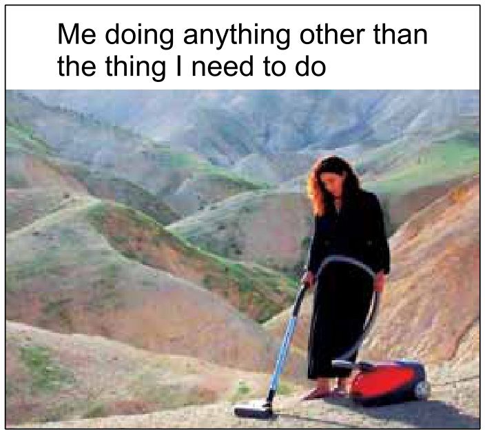 F1 Meme com o texto "Me doing anything other than the thing I need to do" sobreposto a uma imagem de uma mulher passando aspirador de pó em uma colina de terra árida.