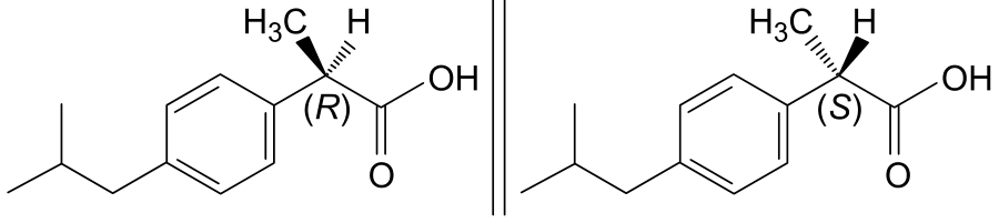 Fórmulas estruturais dos enantiômeros (R)-ibuprofeno e (S)-ibuprofeno, dispostos simetricamente em relação a um plano vertical