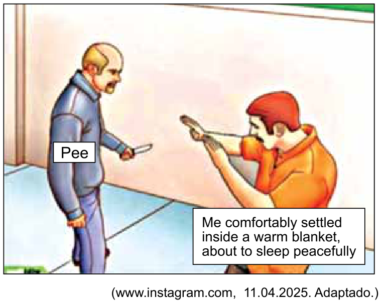 Ilustração em estilo instrucional em que um homem segurando uma pequena faca, rotulado como "Pee", aproxima-se ameaçadoramente de outro homem sentado e encolhido que ergue as mãos para se proteger, rotulado como "Me comfortably settled inside a warm blanket, about to sleep peacefully". Abaixo da ilustração, consta o crédito da imagem.