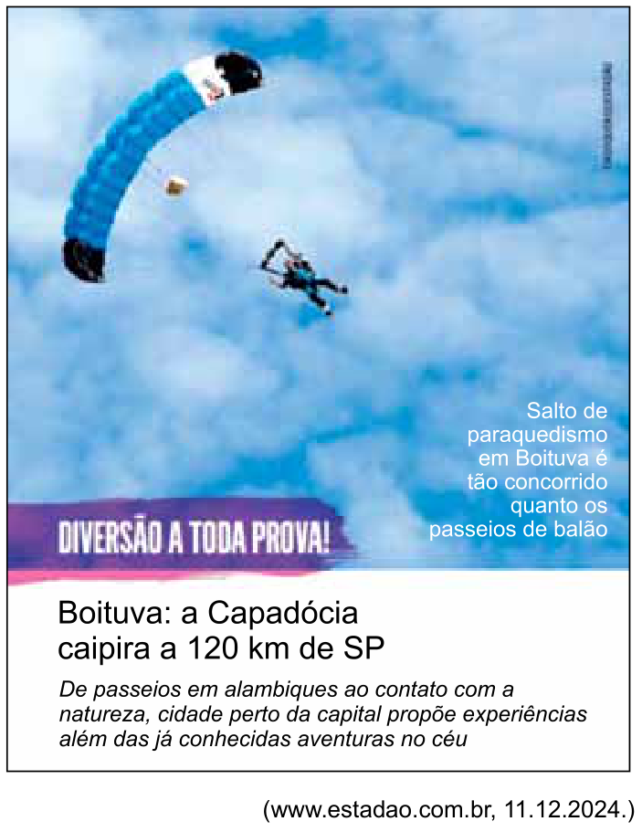 Imagem de matéria jornalística com foto de um paraquedista no céu e o título "Boituva: a Capadócia caipira a 120 km de SP", acompanhado da legenda "Salto de paraquedismo em Boituva é tão concorrido quanto os passeios de balão" e o subtítulo "De passeios em alambiques ao contato com a natureza, cidade perto da capital propõe experiências além das já conhecidas aventuras no céu".
