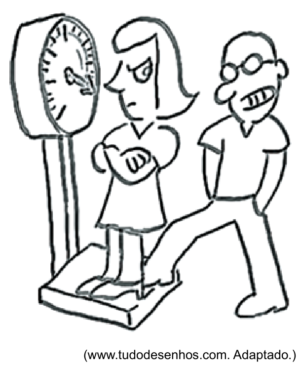 Ilustração de uma mulher com os braços cruzados e expressão irritada sobre a plataforma de uma balança de coluna com mostrador circular, enquanto um homem ao lado sorri e coloca um dos pés na mesma plataforma.