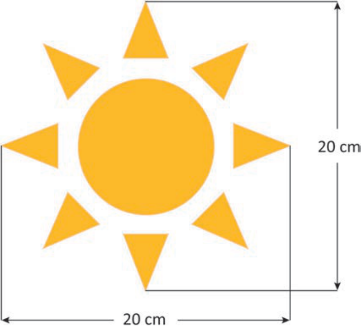 Desenho estilizado de um sol amarelo composto por um círculo central e oito raios triangulares ao redor, com cotas indicando a largura total de 20 cm e a altura total de 20 cm.