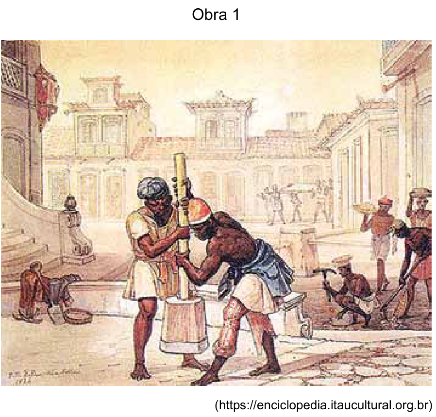 Obra 1: aquarela de Jean-Baptiste Debret, retratando trabalhadores negros escravizados em uma praça pública colonial; em destaque, dois homens triturando grãos com um pilão.