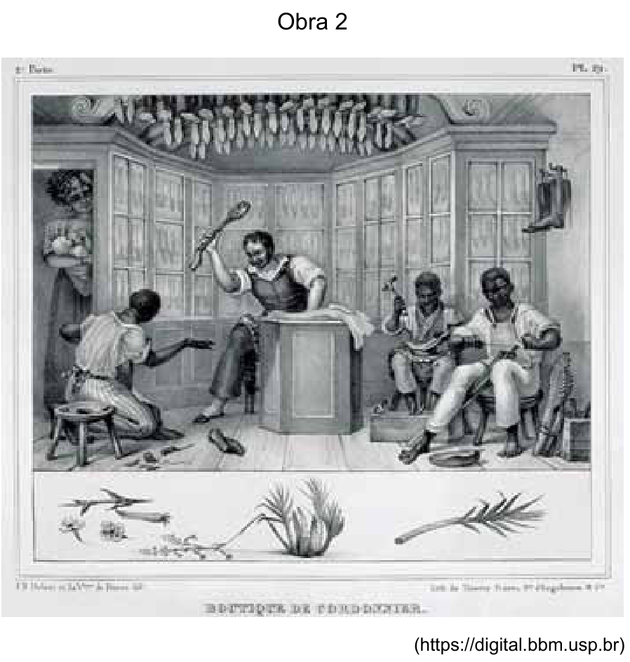 Obra 2: gravura de Jean-Baptiste Debret, intitulada 'Boutique de Cordonnier', mostrando o interior de uma oficina de sapataria onde um mestre sapateiro branco ameaça um trabalhador escravizado que está ajoelhado no chão.