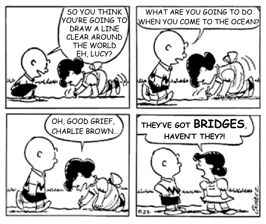 F1 Tirinha de Peanuts com Charlie Brown e Lucy em quatro quadros. No primeiro, Charlie Brown observa Lucy desenhando uma linha no chão e pergunta: "SO YOU THINK YOU'RE GOING TO DRAW A LINE CLEAR AROUND THE WORLD EH, LUCY?". No segundo, ele caminha ao lado dela e questiona: "WHAT ARE YOU GOING TO DO WHEN YOU COME TO THE OCEAN?". No terceiro, Lucy responde de cabeça baixa: "OH, GOOD GRIEF, CHARLIE BROWN...". No quarto quadro, Lucy fica de pé, encarando Charlie Brown irritada, e exclama: "THEY'VE GOT BRIDGES, HAVEN'T THEY?!".