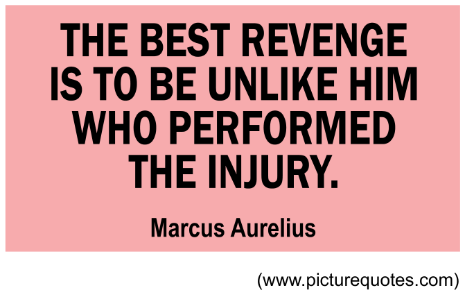 Citação em letras maiúsculas sobre fundo rosa: "THE BEST REVENGE IS TO BE UNLIKE HIM WHO PERFORMED THE INJURY.", assinada por "Marcus Aurelius", com a indicação "(www.picturequotes.com)" abaixo à direita.
