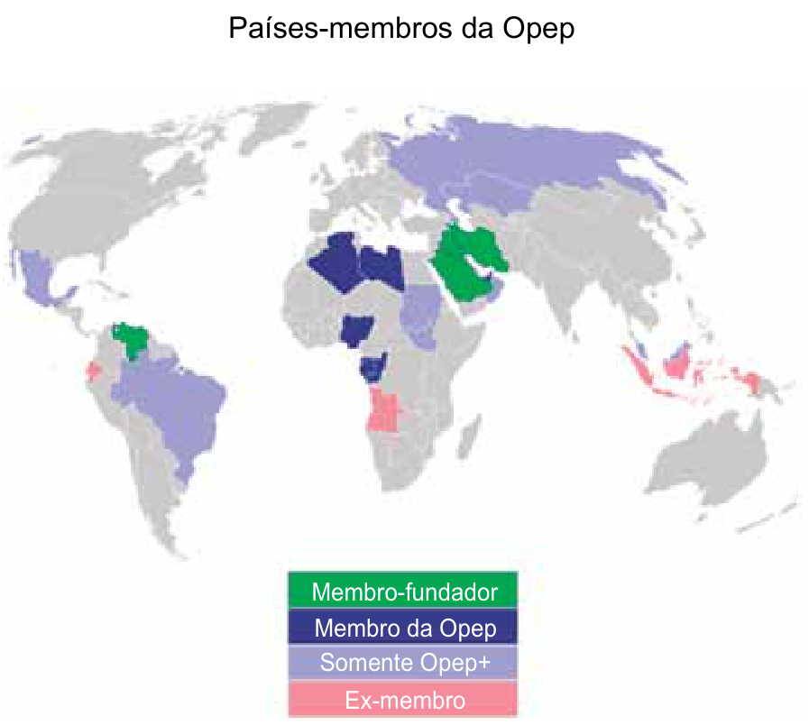 Mapa-múndi com o título "Países-membros da Opep", exibindo países coloridos de acordo com a legenda: verde para Membro-fundador, azul-escuro para Membro da Opep, lilás para Somente Opep+ (incluindo o Brasil) e rosa para Ex-membro.