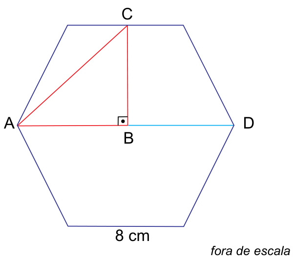 F1 Hexágono regular com lado inferior medindo 8 cm, no qual está inscrito um triângulo retângulo ABC de ângulo reto em B, com vértice A em um vértice do hexágono, B no ponto médio da diagonal AD e C no ponto médio do lado superior.