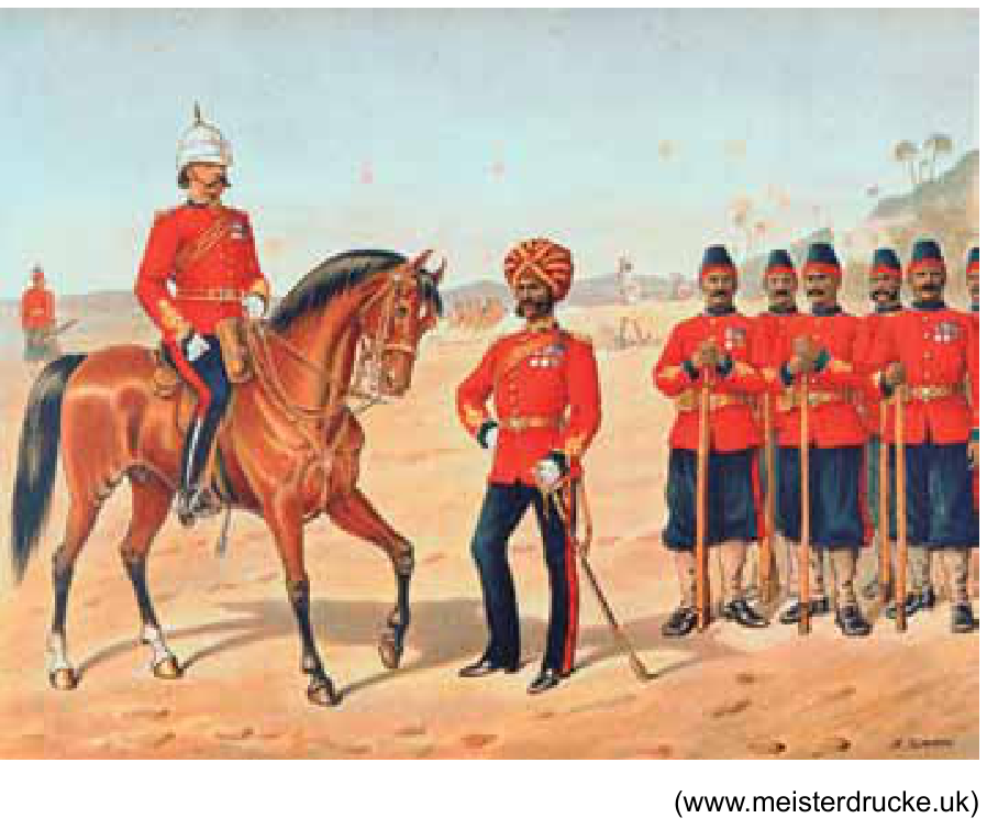 Pintura representando militares no período colonial britânico na Índia: à esquerda, um soldado sobre um cavalo; ao centro, um oficial com turbante indiano; à direita, soldados indianos uniformizados e alinhados segurando fuzis.